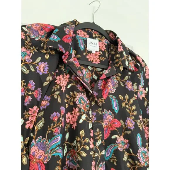 $198 New Misa Floral Silky Button Down - XS - Black / Pink